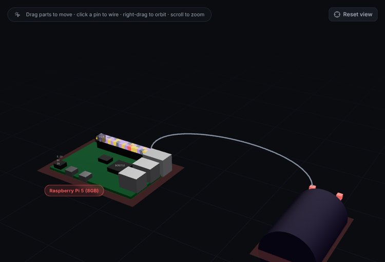 Robork editor: a Raspberry Pi 5 model wired to a DC motor in a 3D workspace.